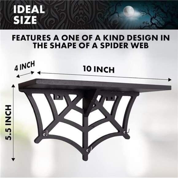Spider Web Floating Shelf - Gothic Halloween Hanging Shelf with Hooks for Wall - Picture 2 of 7